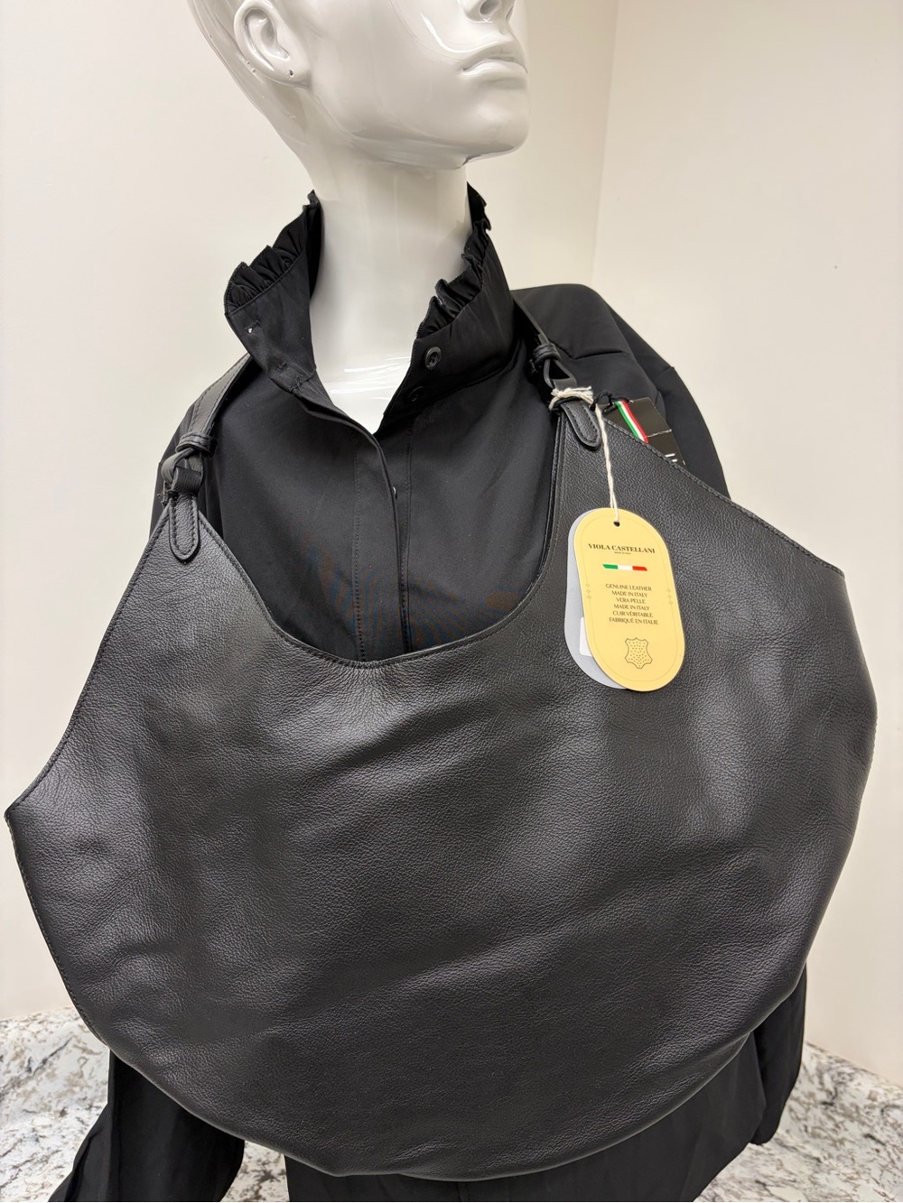 Soft Black Leather Crescent Shoulder Bag with Tag Detail